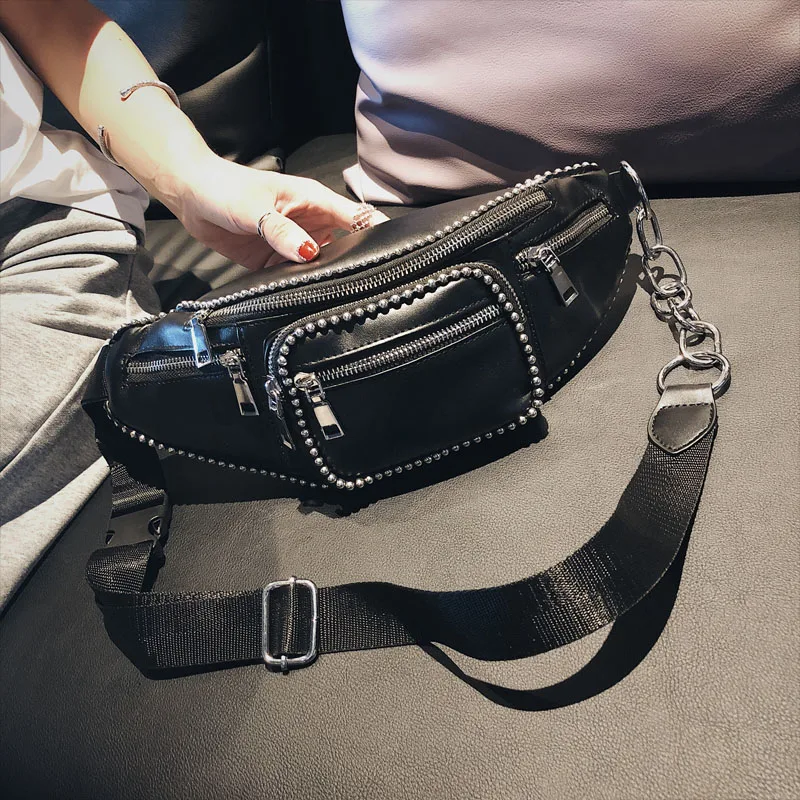 

DORANMI Beading Black Waist Bags For Women Fanny Pack 2019 Leather Punk Style Waist Pack Crossbody Chest Bags Female Pack CBB278
