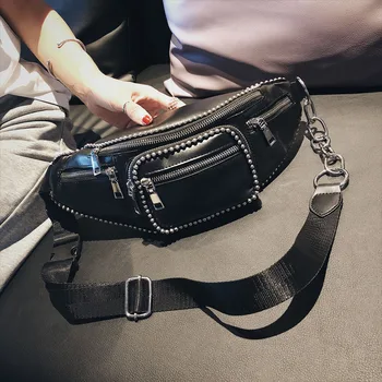 

DORANMI Beading Black Waist Bags For Women Fanny Pack 2019 Leather Punk Style Waist Pack Crossbody Chest Bags Female Pack CBB278