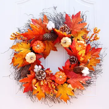

Pumpkin Maple Leaf Wreath Artificial Flower Garland Autumn Harvest Thanksgiving Halloween Decoration