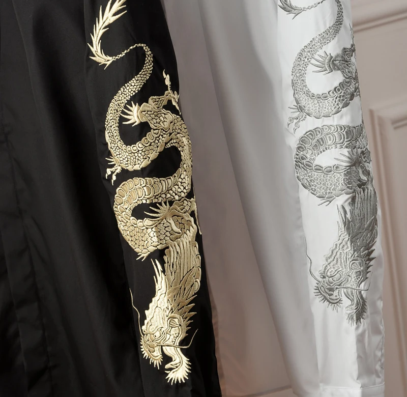 Мужская приталенная Клубная рубашка с вышитым драконом, белая, черная, плюс размер, длинный рукав, корейский стиль, хлопок, деловая рубашка
