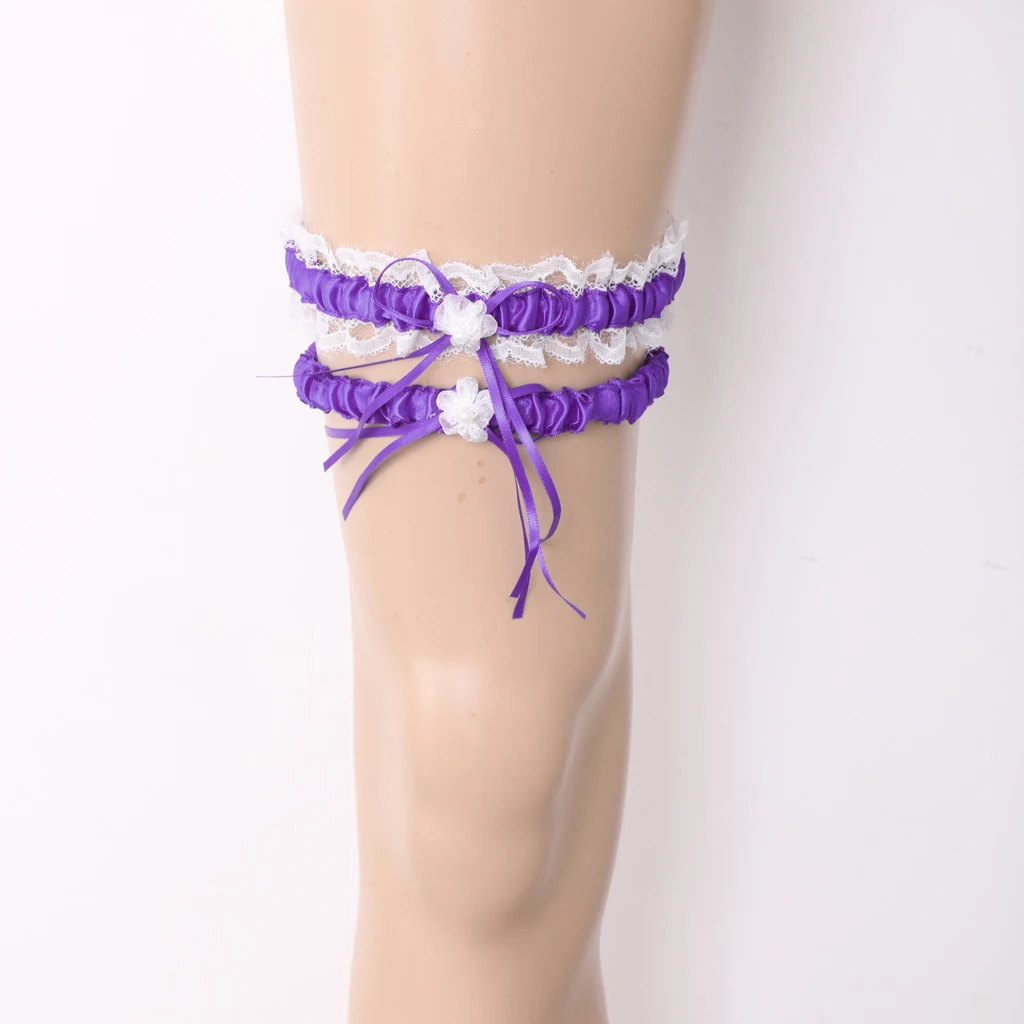 2Pcs Rustic Bridal Wedding Garter Floral Stretch Bridal Lace Satin Bowknot Thigh Ring Soft Socks Hen Party Lace Pearls Garter