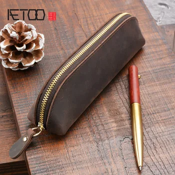 

AETOO Crazy horse leather zipper pen bag, handmade leather pen bag, fashion stationery vintage pen collection bag