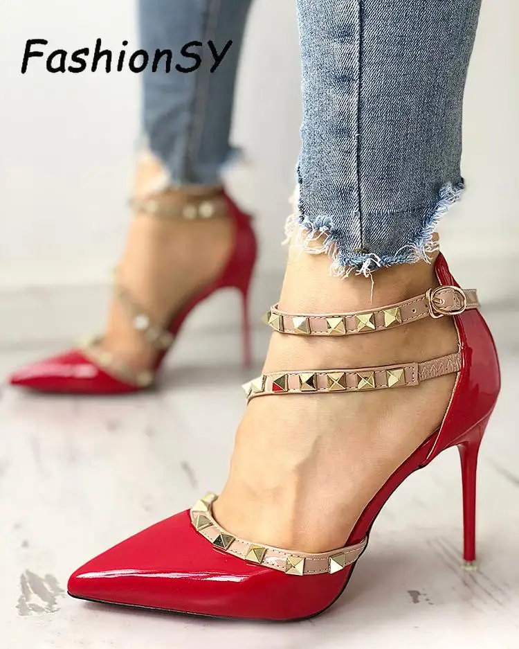 

Women pumps Thin High Heels Rivet 10cm Buckle Pointed Toe Gladiator High Heels Summer Office Party Pumps Wedding Shoes