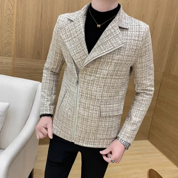 

Men's short windbreaker trend woolen coat autumn and winter Korean version of the slim jacket youth diagonal zipper wool coat