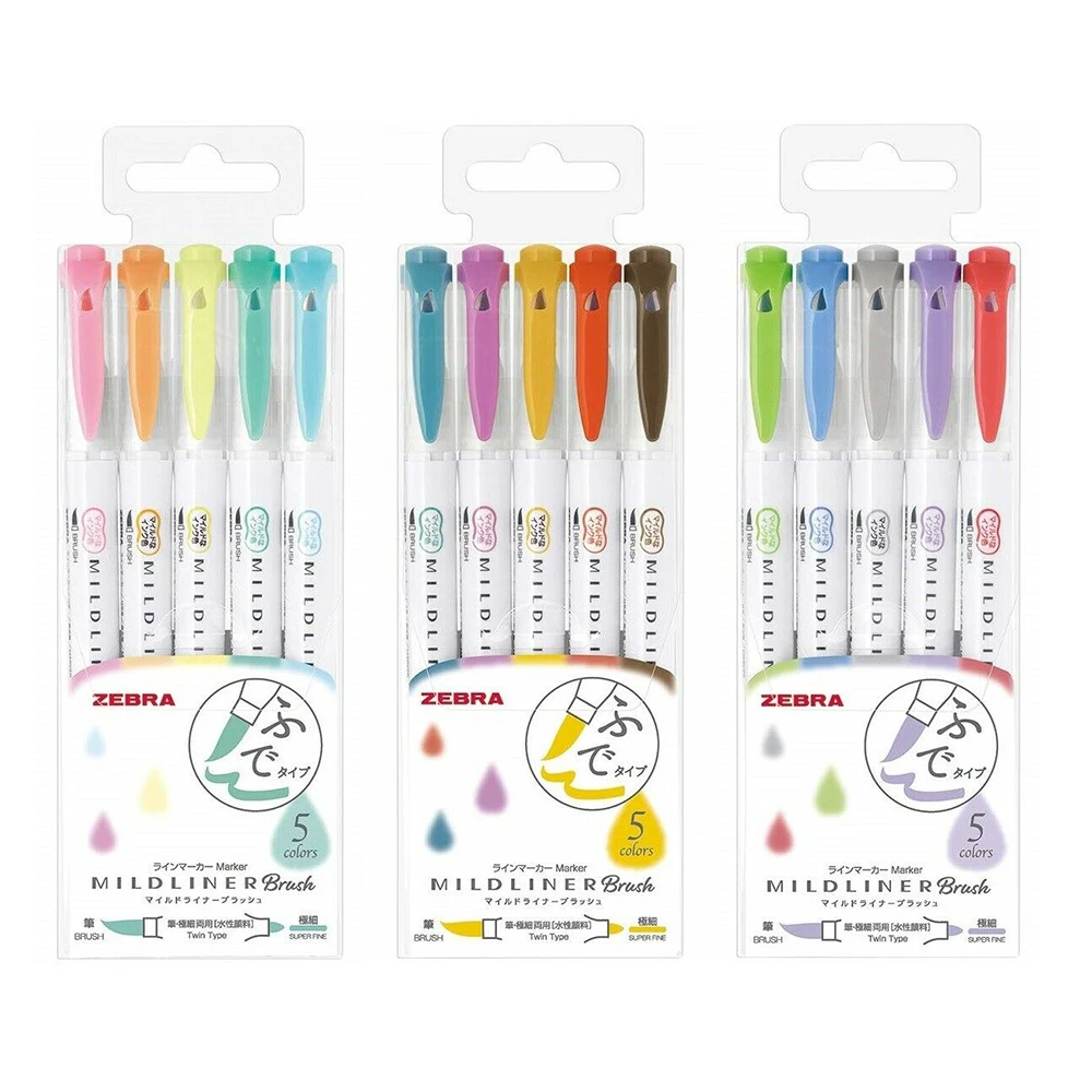 

2019 NEW 5 Colors Zebra MildLiner Brush Pen Set WFT8 Double Sided Water-based Highlighter Marker Pen Journal Supplies