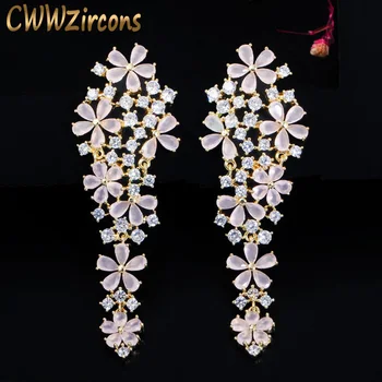 

CWWZircons Elegant Long Drop Light Pink CZ Crystal Dangling Flower Earrings for Women Fashion Brand Bridal Banquet Jewelry CZ663