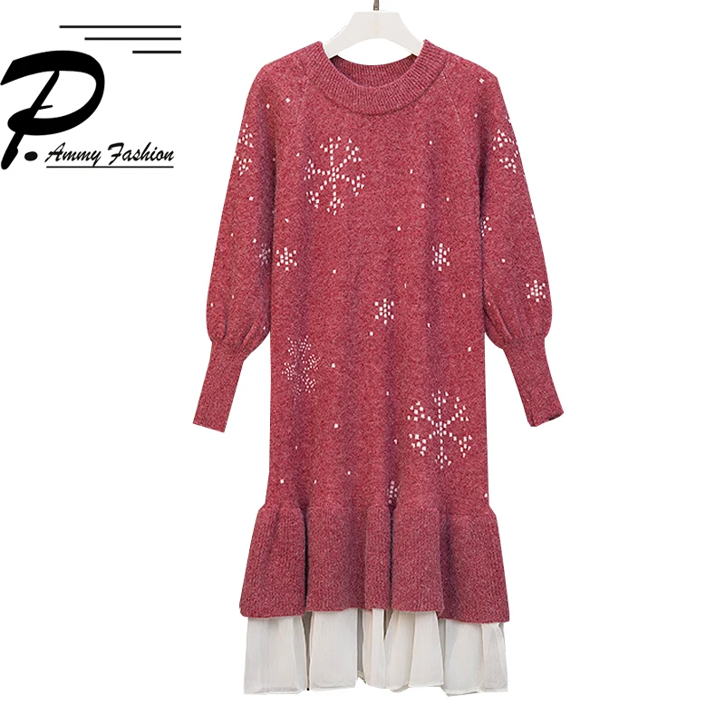 

2019 Autumn and winter new large size women's loose fake two-piece sweater long Christmas knitted dress