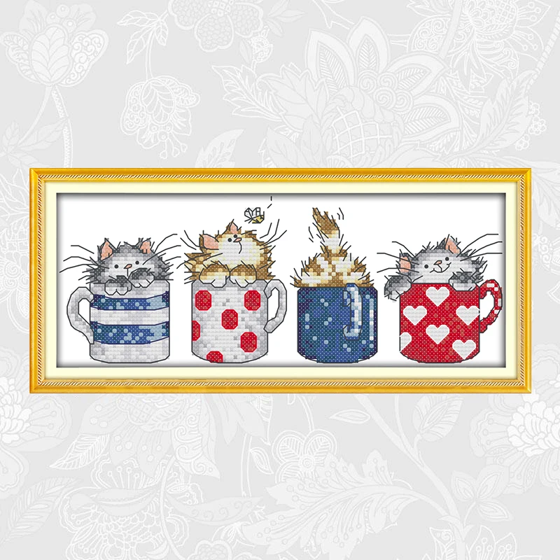 Cats hide in the cups Patterns Counted Print on Canvas 11CT 14CT Cross Stitch kit Needlework Set Concert Embroidery Painting