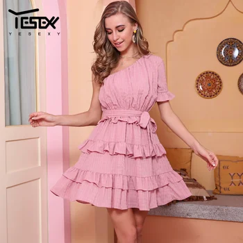 

Yesexy 2020 Solid Color One Shoulder Sexy Dress Women Short Sleeve Solid Mini Dress Ruffles Elegant Summer Casual Dress TH0051-1