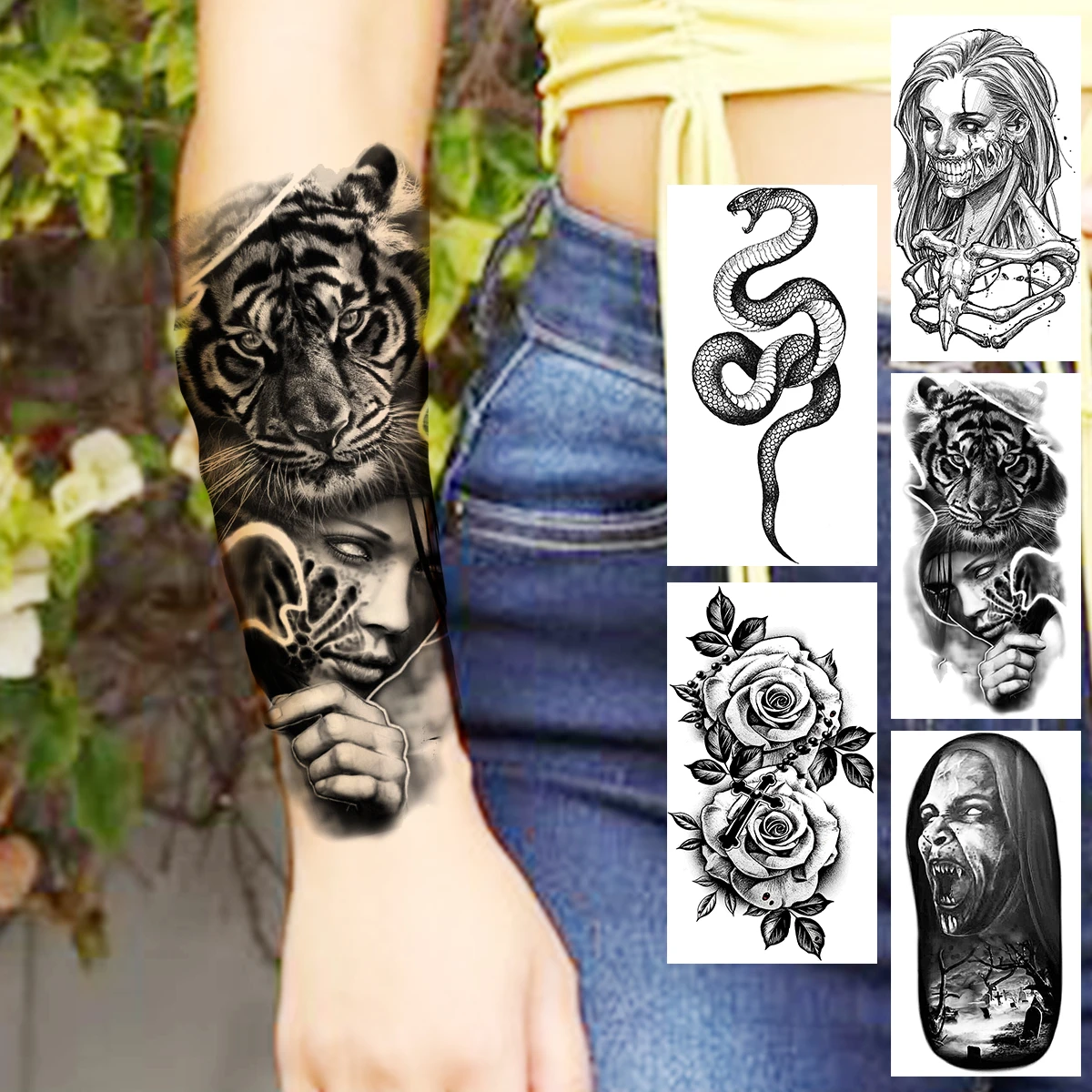 Tatouage Tigre Femme Discret Tatouage Temporaire Pour Femmes, Adulte, Motif Tribal Tigre, Squelette De  Serpent, Vampire, Fleur De Gentiane, Autocollant 3d Pour L'avant-bras -  Temporaire Tatouages - AliExpress