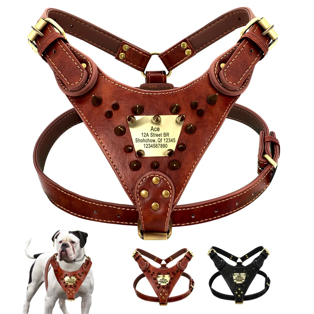 

Personalized Leather Pet Dog Harness Custom Durable Dog Vest Harnesses For Medium Large Dogs Adjustable Spiked Pitbull Harness