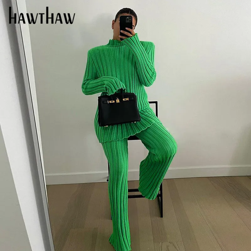 Женский Осенний вязаный облегающий свитер Hawthaw с длинным рукавом зеленое