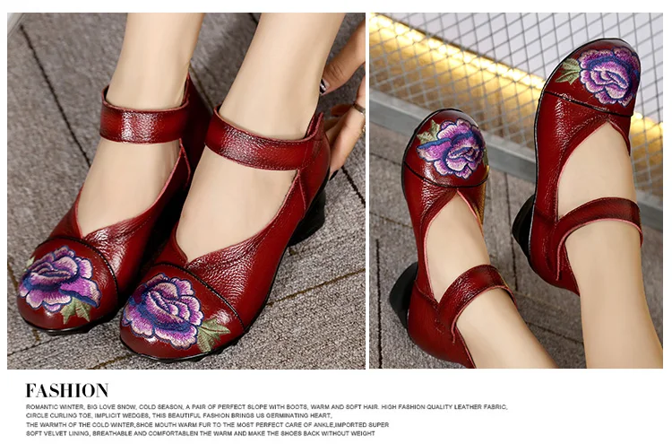 Tacones mujer/туфли-лодочки на платформе с вышивкой; Женская обувь в стиле ретро; женская обувь из натуральной кожи на резиновой подошве с цветочным принтом; ayakkabi TSDFC