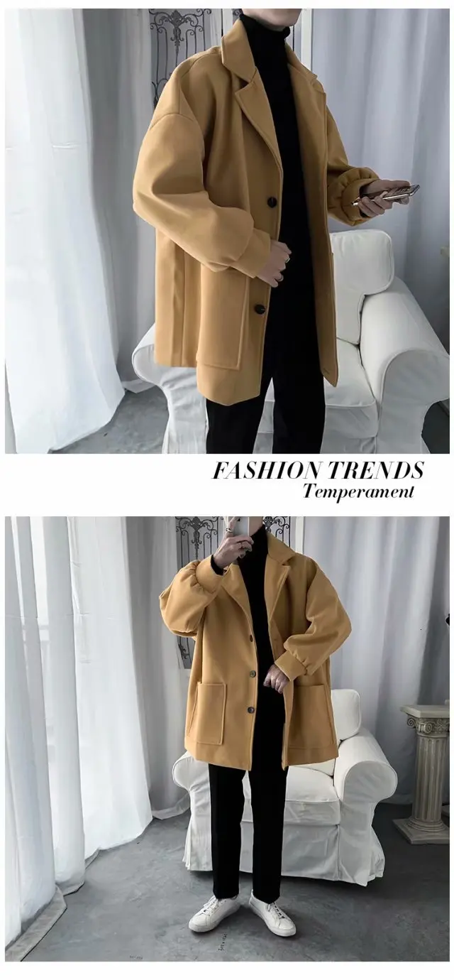 Woolen Coat Men's Fashion Solid Color Casual Long Woolen Jacket Men Streetwear Wild Loose British Style Coat Mens Overcoat M-3XL