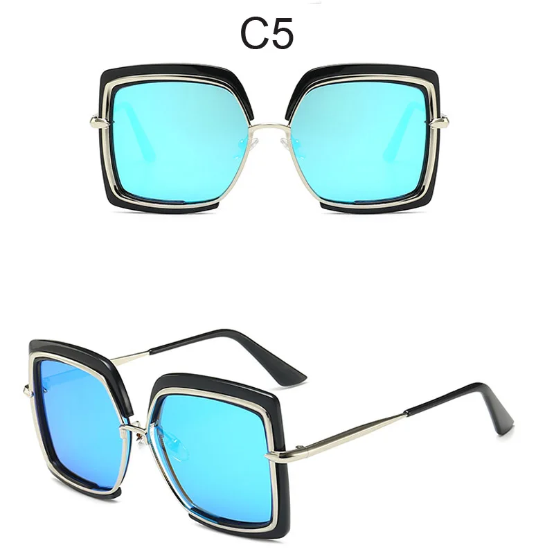 Женские солнцезащитные очки больших размеров, фирменный дизайн, металлические квадратные очки, новинка, женские солнцезащитные очки с большим зеркалом, суперзвезда oculos - Цвет линз: 5