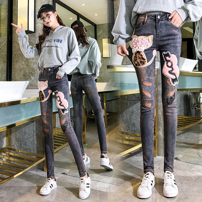 High Waist Jeans Women European Pants Autumn and Winter Streetwear New Cartoon Patch Loose Straight Pencil Pants Trend Jeans