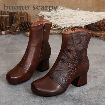 

Autumn craftsmanship design middle-aged women's boots hand-brushed leather retro flowers thick with comfortable single boots