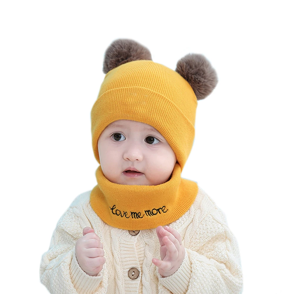 2 шт./компл. Милая шапка и шарф, набор для детей Детские Вязание медвежьими ушками, повседневное Хлопковое платье, зимние теплые вязаные шарфы рождественские аксессуары - Цвет: Цвет: желтый