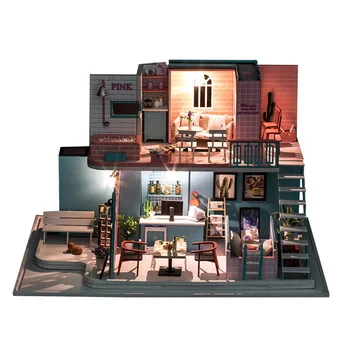

Doll House Furniture DIY Creative Handmade Theme Wooden Cabin Assembly Building Model Toy Set For Children Gift-Pink Coffee Shop