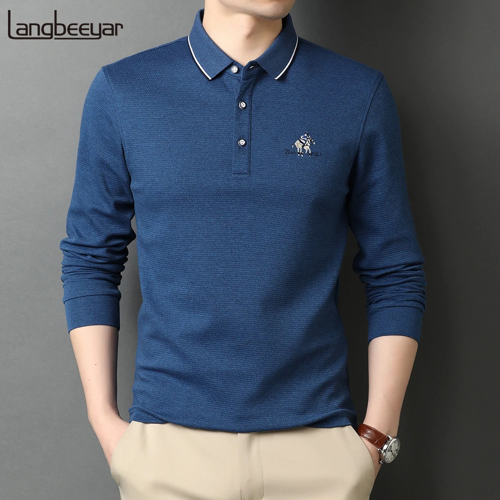 

2020 High Quality Fashion Brand Designer Plain Casual Long Sleeve Polo Shirts Men Embroidery Turn Down Collar Tops Men Clothes