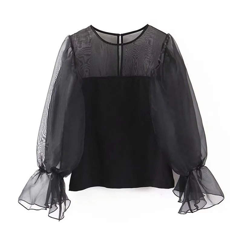 Женская Милая Черная блуза из органзы с круглым вырезом и рукавами-фонариками, Женская стильная Базовая прозрачная блуза, blusas mujer