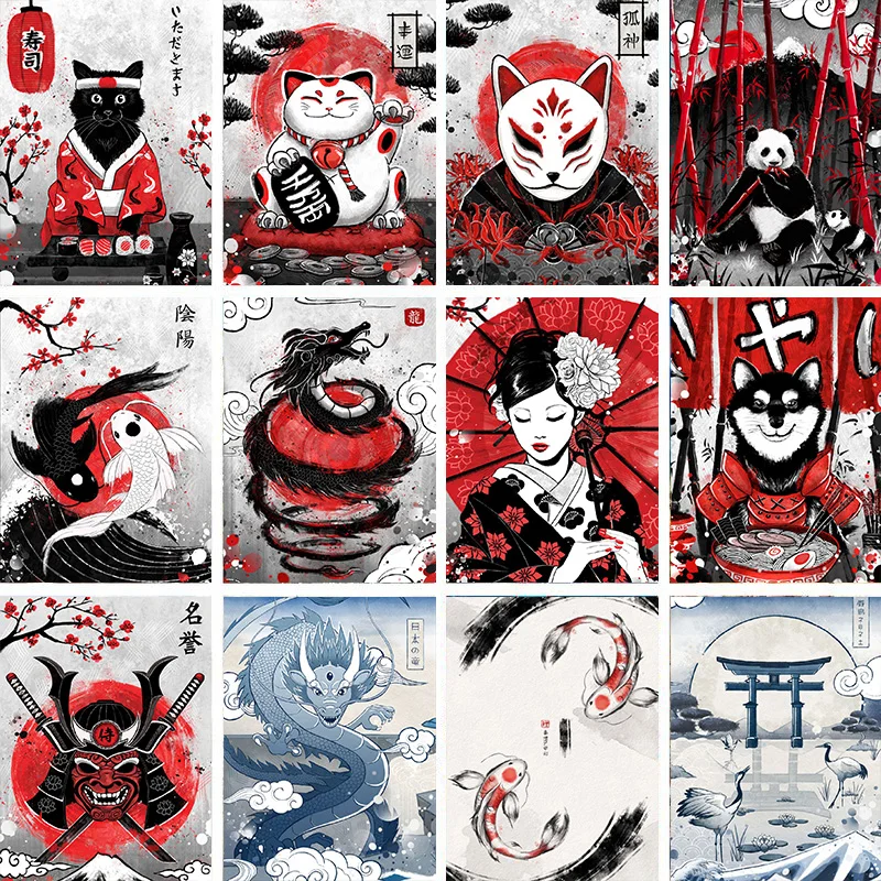Японское искусство на стену Декор животные кошка рамен ностальгия Самурай
