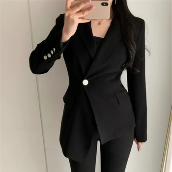

Dunayskiy New 2020 Autumn Winter Women's Blazers Casual Buttons Pockets Jackets Notched Vintage Irregular Wild Lady Tops