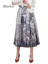 

2022 Summer Women Literary Print A Line High Waist Pleated Skirt