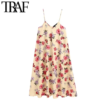 

TRAF Women Chic Fashion Floral Print Midi Dress Vintage V Neck Adjustable Straps Female Dresses Vestidos Mujer