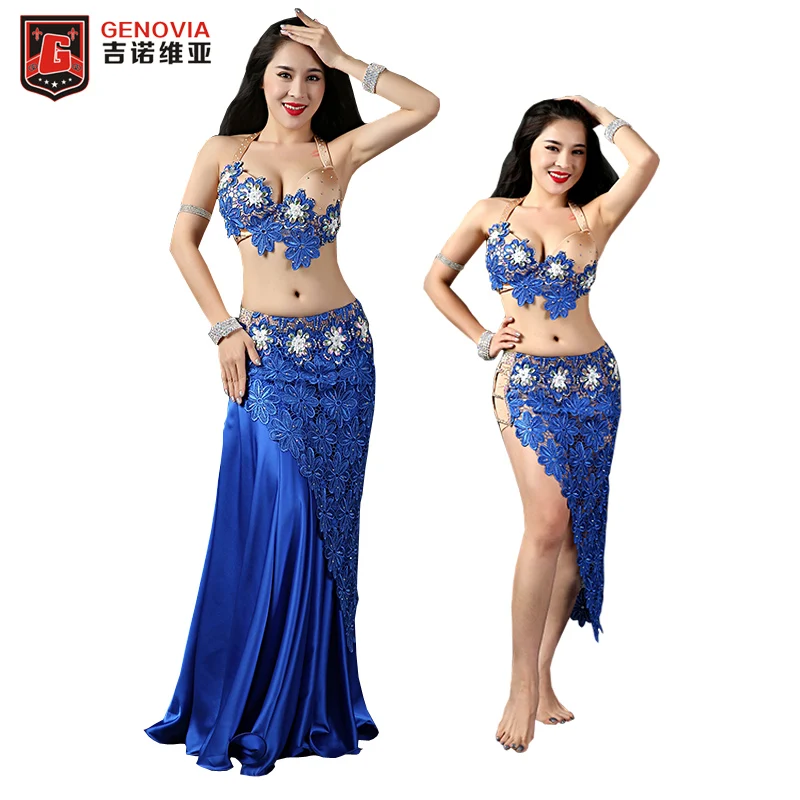 

Women Belly Dance Costume Set Multiple Wear Stage Oriental Performance Suits 4PCS Bra+Lace Short Skirt+Long Skirt+Underpants