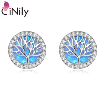

CiNily Tree of Life Blue & White Round Opal Silver Plated Fashion Jewelry Stud Earrings for Spring Girl Woman Jewelry Earring