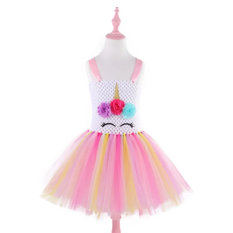 

Europe And America Unicorn Flower Dress Girls Handmade Gauze Princess Tutu Children Holiday Performance Costume