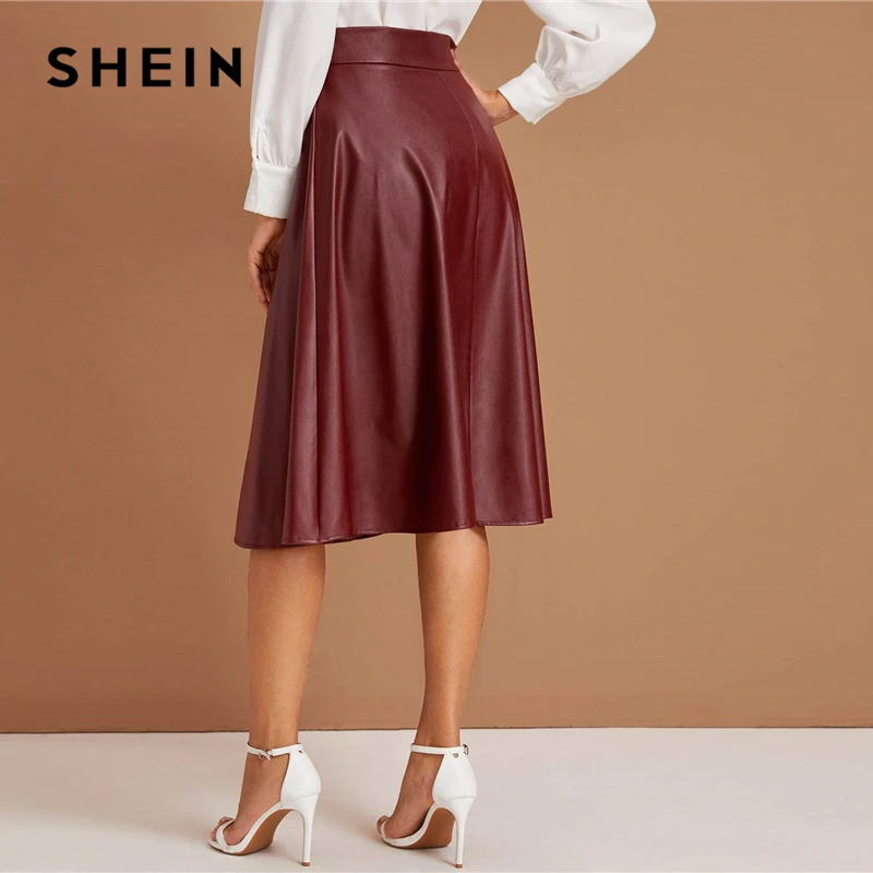 SHEIN элегантные бордовые юбки из искусственной кожи на пуговицах, женские осенние офисные юбки с высокой талией, расклешенная юбка миди из искусственной кожи