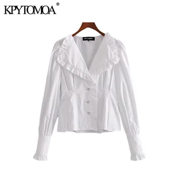 

KPYTOMOA Women 2020 Sweet Fashion Ruffled Pleated White Blouses Vintage Lapel Collar Long Sleeve Female Shirts Blusas Chic Tops