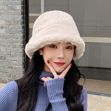 Winter New Bucket Hat for Women Thick Warm Solid Color Fur Plush Ladies Bucket Cap Outdoor Sun Hat Cute Panama Caps