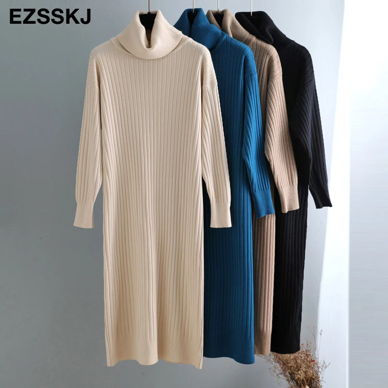 Autumn Winter Long highneck straight sweater Dress Women Casual oversize Sweater Dresses maix THICK basic Knit Dress t shirt dress