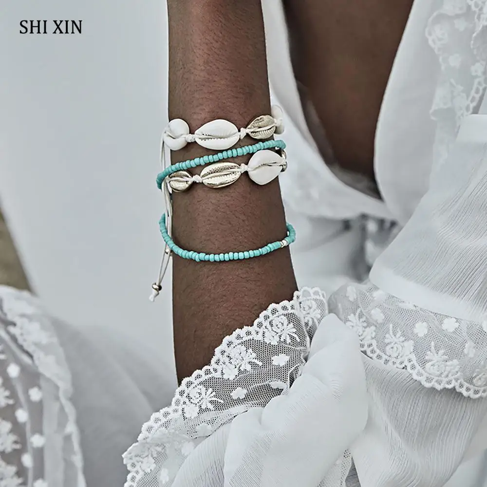 

SHIXIN Charms Sea Shell Bracelets Set Bohemian Green Beads Bracelet for Women Summer Seashell Hand Chain Jewelry Female Gifts