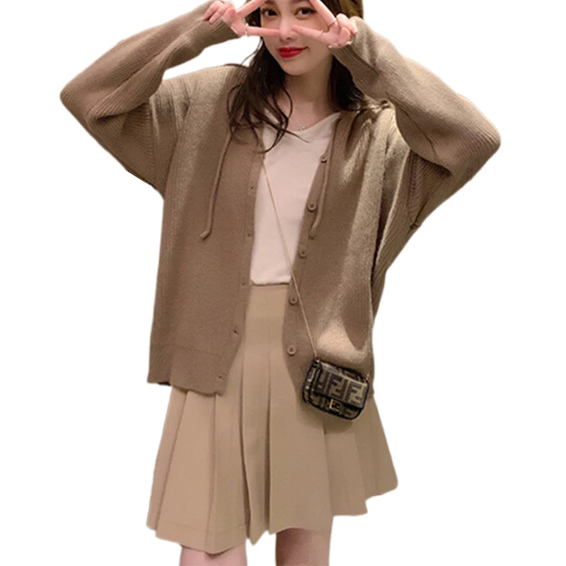 

Brown sweater knit green cardigan women's hooded autumn/winter out wear short shirt loose jacket outfit jacket pull femme