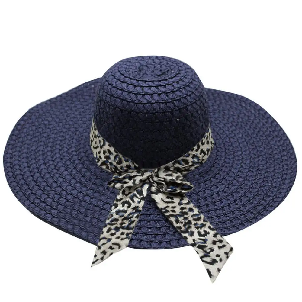 Women Leopard Print Big Brim Straw Hat Sun Floppy Wide Brim Hats Beach Cap Fashion Embroidery Baseball Caps Men Women Snapback - Цвет: Navy