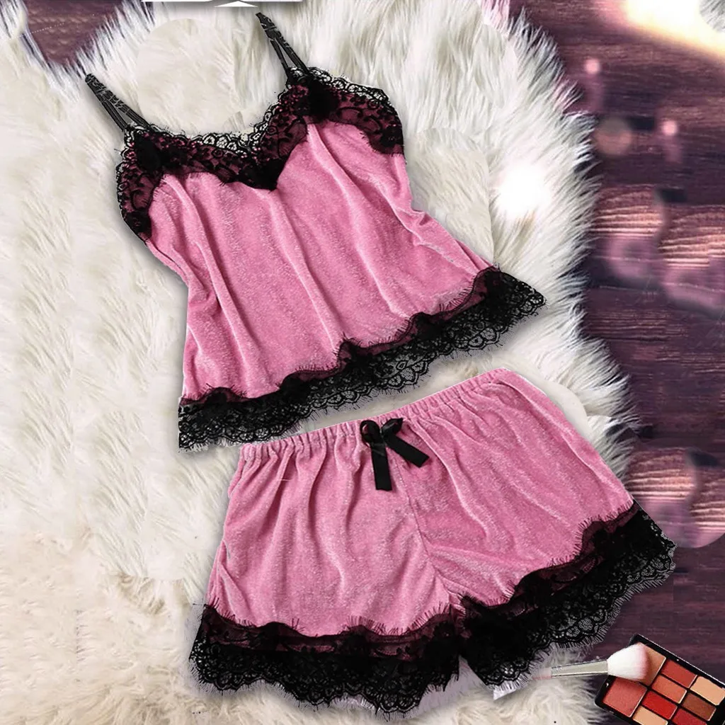 Plus Size Women Pajamas Sets Bowknot Velvet Sexy Lingerie V Neck