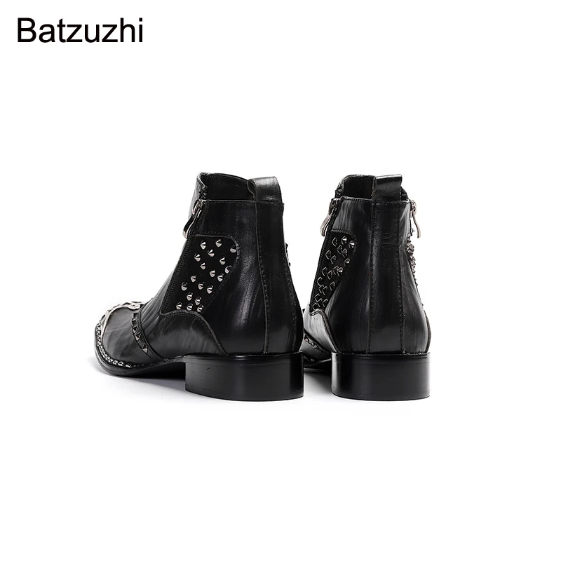 Batzuzhi Luxury Handmade Men Boots Shoes Black Genuine Leather Short Boots with Rivets Zip Metal Head Cool Botas Hombre, EU38-46