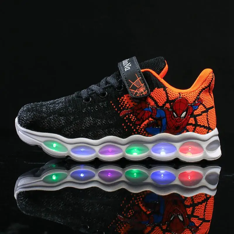 Осенняя детская обувь с подсветкой; светильник «Человек-паук»; кроссовки; обувь для мальчиков; Оптическое волокно; повседневная обувь; Светодиодный светильник; Светящиеся кроссовки для больших девочек - Цвет: Black mesh LED