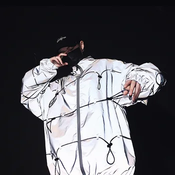 

Streetwear Hip Hop Casual Windbreaker Coat DJ Stage Show Clothing Men 3M Reflective Jacket Sets (jacket+pant) Male Women