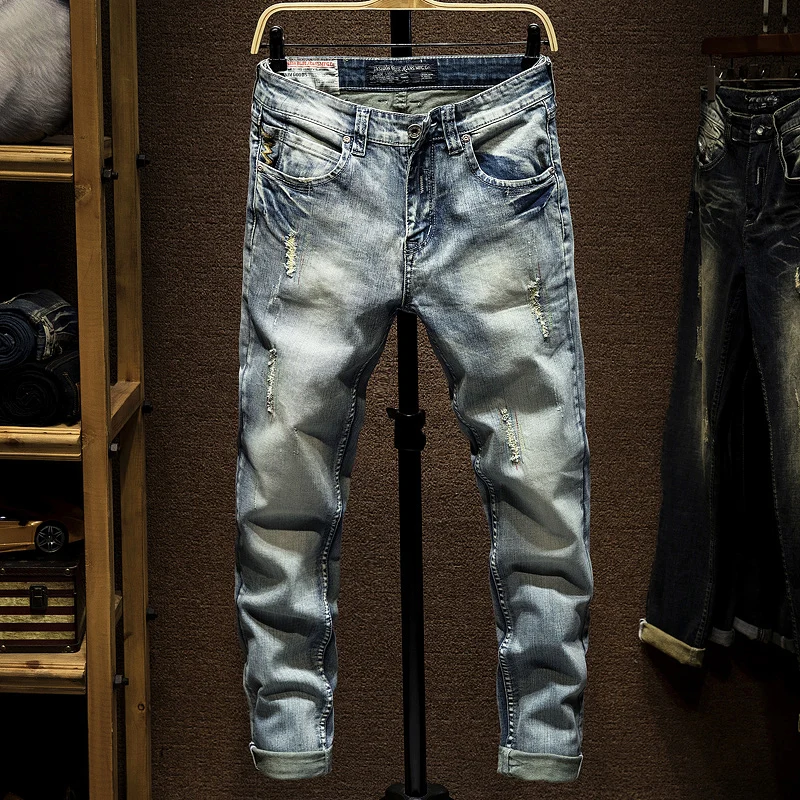 Italian Style Fashion Men Jeans Slim Fit Light Blue Destroyed Ripped Jeans Men Denim Pants Streetwear Designer Hip Hop Jeans - Цвет: Light Blue