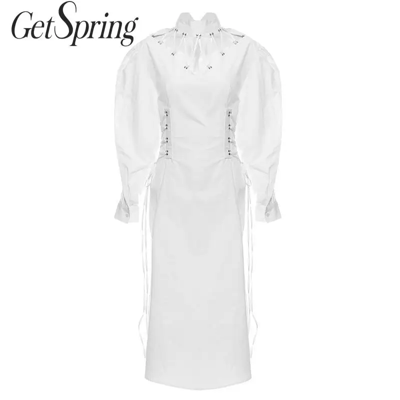 Женское винтажное платье GetSpring белое хлопковое с воротником стойкой и рукавами