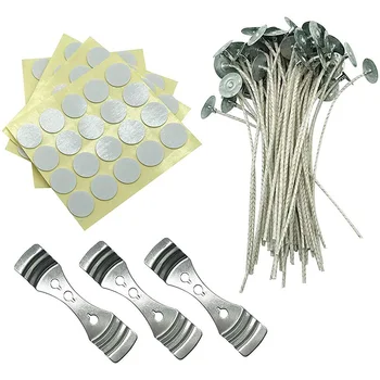 

Candle Wick Bundle: 100 Candle Wicks, 100 Stickers and 3 Wick Holders Cotton Threads Woven with Paper