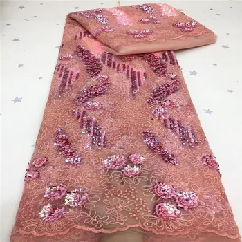 

African Lace Fabrics 2020 High Quality Lace 3d flower Sequins Green Nigerian Sequence Lace Fabrics French Tulle Lace Fabric