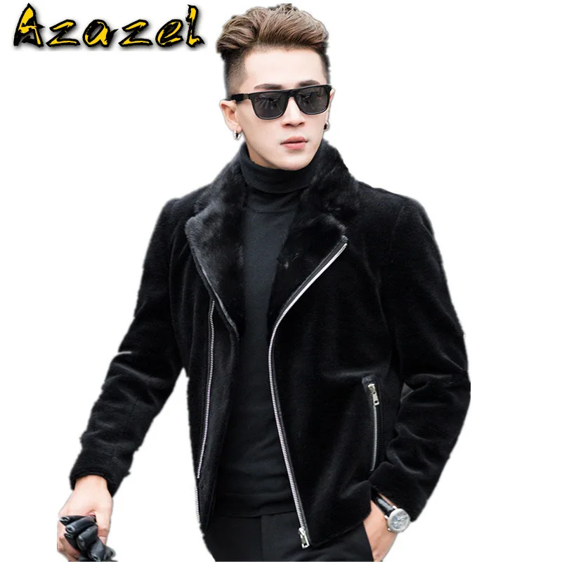 

Azazel Natural Sheep Shearling Fur Coat Winter Jacket 100%Wool Fur Coat Real Mink Fur Collar Men Short Warm Jacket GY8308 MY359