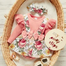 Ensemble de vêtements pour bébés filles de 0 à 18 mois, 3 pièces, tenues florales, tenues Chic avec lettres imprimées, jupes à bretelles, costumes pour bébés, ensembles d'automne