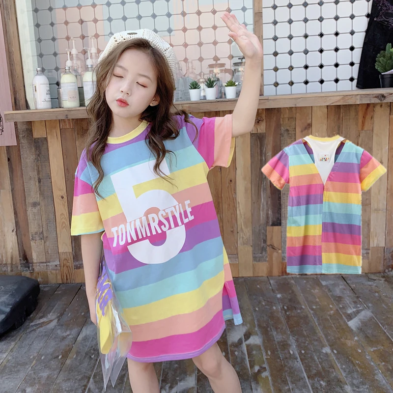 Модная Радужная полосатая футболка для девочек цветные футболки с коротким